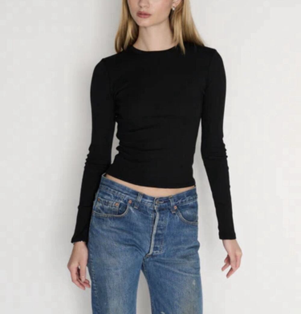 Rlt Long Sleeve Ribbed Black Top USA Cotton XS
